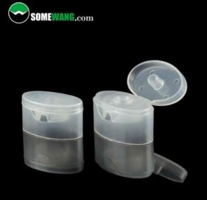 Two "cosmetic packaging manufacture plastic flip top cap for shampoo bottle" with flip-top caps, one open and one closed, on a gray background, displaying the brand "somewang.com".
