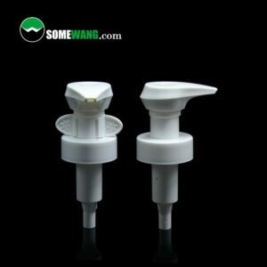 Two white plastic Big pumps for shower shampoo bottles factory directly wholesales dispensing unique design against a black background, with the text "somewang.com" at the top.