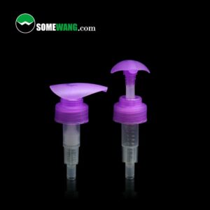 Two Purple plastic pump dispensers with transparent tubes on a dark background, one pump head is open and the other is closed, labeled "Purple plastic pump for cosmetic packaging made in china zhejiang 32mm" above. Ideal for cosmetic packaging.