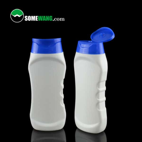 Two empty 120ml/180ml/270ml PE Empty Shampoo Bottles with Flip Caps against a black background, labeled "somewang.com.