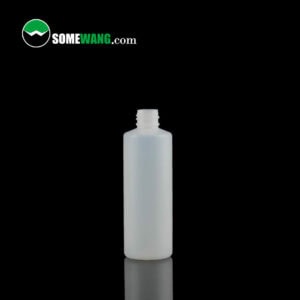 Une bouteille en plastique blanc opaque de 65 ml et 120 ml avec un bouchon à vis, affichée sur un fond sombre avec le logo « somewang.com » en haut.