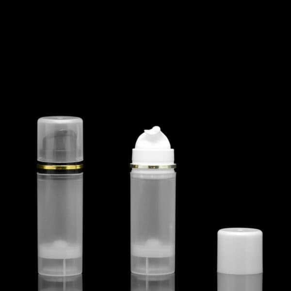 Two SWC-BPA30-30A Factory Supply AS Plastic Material Airless Pump Bottles from a factory on a black background, one closed with a cap and one open displaying the pump mechanism.