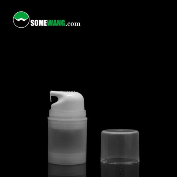 White SWC-BPA110 Hot Selling PP Airless Pump Cosmetic Bottle with a pump dispenser and an open transparent cap, set against a dark background with "somewang.com" text overlay.