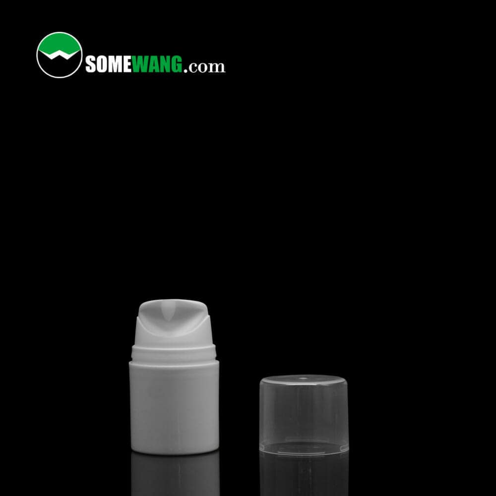 A SWC-BPA120 Fair Price PP Make Up Bottle airless pump deodorant bottle with its cap off on a reflective surface against a dark background, featuring the logo "somewang.com" in the upper left corner.