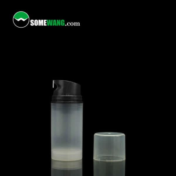 A SWC-BPA130 Free Artwork PP Material Airless Pump Bottle with a black dispenser and a clear cap, displayed on a dark background with the logo "somewang.com" at the top.