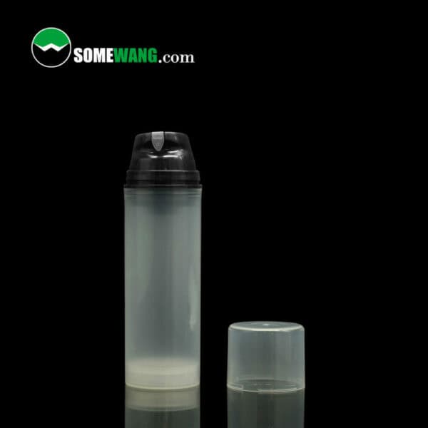 A SWC-BPA130 Free Artwork PP Material Airless Pump Bottle with a black lid, alongside a clear cap, displayed against a dark background with "somewang.com" logo at the top.