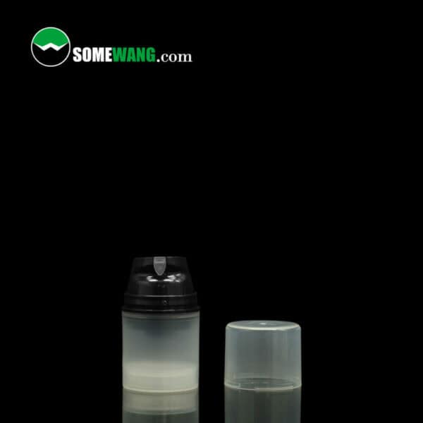 Two SWC-BPA130 Free Artwork PP Material Airless Pump Bottles on a dark background, one closed and one open, displaying an internal dispenser, with the logo 'somewang.com' at the top. These 100ml plastic bottles are crafted