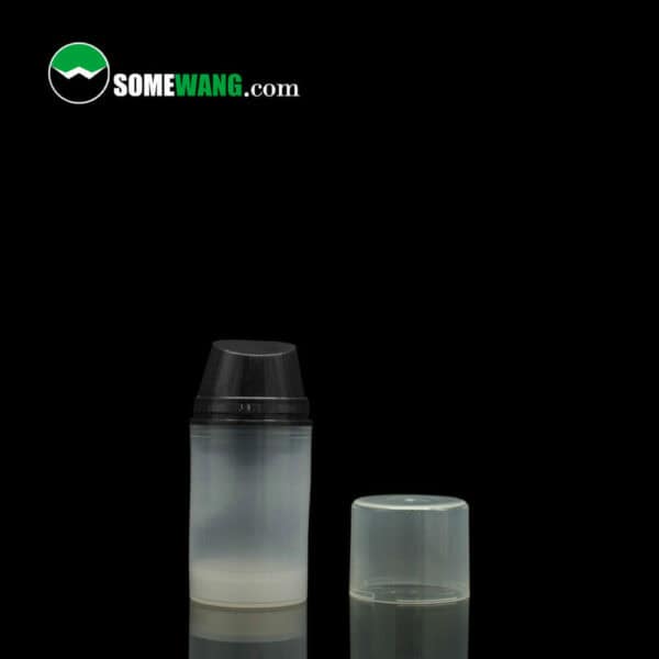 A translucent plastic SWC-BPA130 Free Artwork PP Material Airless Pump Bottle with a black cap, next to an additional transparent lid, on a dark background with "somewang.com" logo at the top.