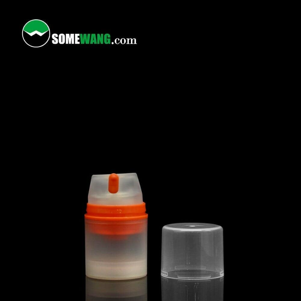 SWC-BPA20 Plastic PP Airless Pump Bottle with an orange nozzle and transparent cap displayed on a dark background with the logo "somewang.com" at the top.