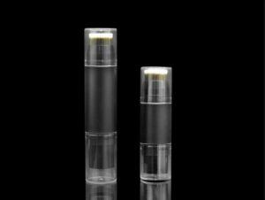 Two SWC-BPA5S Top-grade AS Airless Pump Bottles in varying sizes with transparent bodies and black caps against a black background.