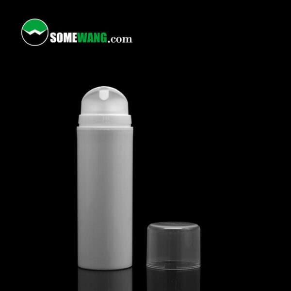 White SWC-BPA30 PP Multiple Capacities Skin Care Cream Vaccum Airless Pump Bottle with a dome cap and a logo at the top reading "somewang.com," isolated on a black background.