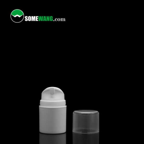 A white plastic SWC-BPA30 PP Multiple Capacities Skin Care Cream Vaccum Airless Pump Bottle with its cap placed next to it, against a dark background, displayed with the somewang.com logo at the top.