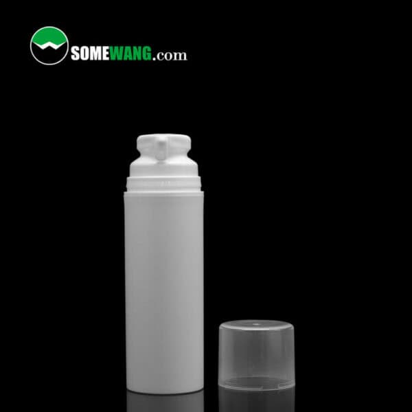 White SWC-BPA50 Free Sample PP Lotion Cream Airless Pump Bottle with a transparent cap, labeled "somewang.com", on a dark background.