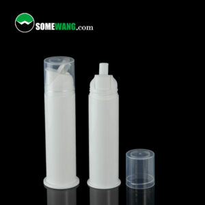 Two SWC-BPA60ZD airless toothpaste tubes with translucent caps displayed against a dark background, branded with "somewang.com".