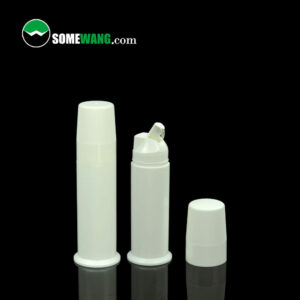 Two SWC-BPA60ZE Airless toothpaste tubes, one with its cap off and nozzle visible, on a reflective surface, against a dark background with "somewang.com" logo.