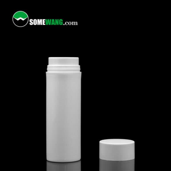 Empty SWC-BPA70A Customized PP Plastic Essence Airless Pump Bottle with a removable cap displayed against a dark, uniform background, featuring the logo "somewang.com" at the top.