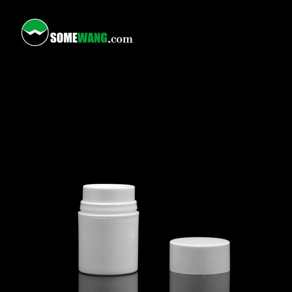 Two SWC-BPA70A Customized PP Plastic Essence Airless Pump Bottles, one closed and one open, on a dark background with the logo "somewang.com" in the corner.