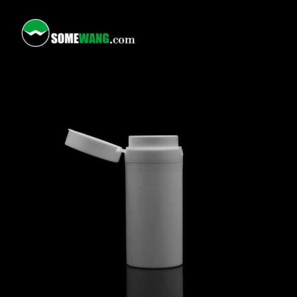 White SWC-BPA70B Cost Effective PP Essential Oil airless pump bottle with open flip-top lid on a dark background, labeled with the text "somewang.com" in green and white.