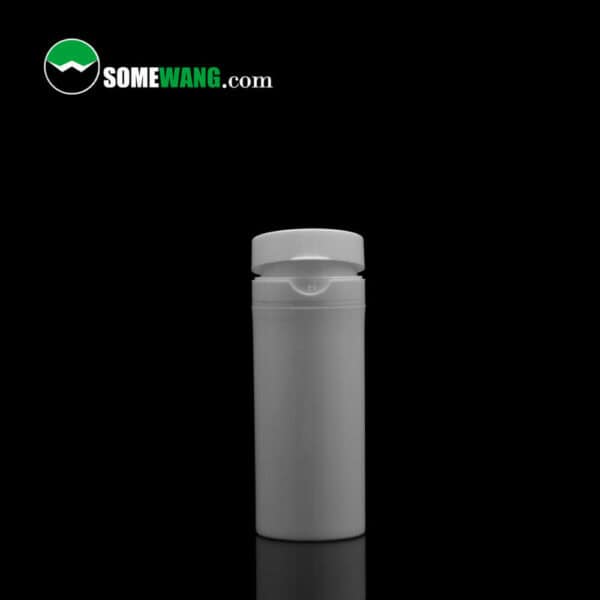 White cylindrical SWC-BPA70B Cost Effective PP Essential Oil airless pump bottle with a flip-top cap on a dark background, labeled "somewang.com" at the top.