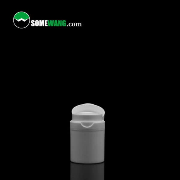 A small white SWC-BPA70B Cost Effective PP Essential Oil Airless Pump Bottle with an open lid, isolated on a black background, displaying the logo "somewang.com" at the top.