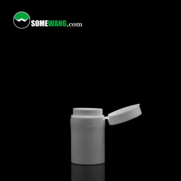 White SWC-BPA70B Cost Effective PP Essential Oil airless pump bottle with flip-top lid on a dark background, displaying the logo "somewang.com" in the top left corner.