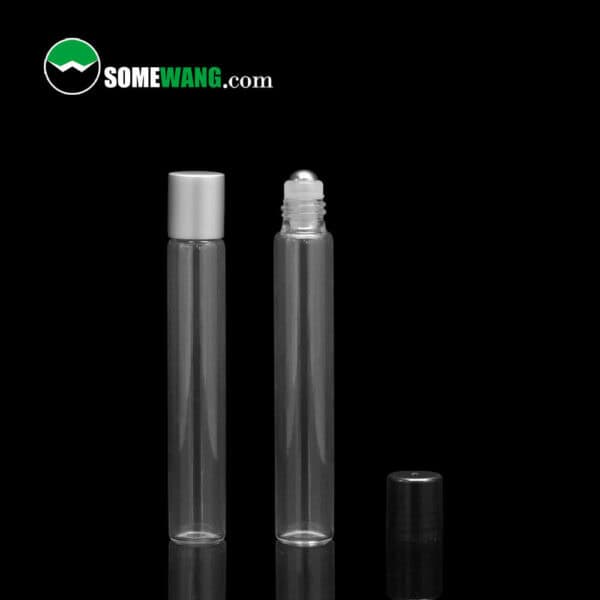 Two 10ml Eye Cream Amber Glass Roll On Bottles with one cap off, displayed against a dark background, branded with "somewang.com.