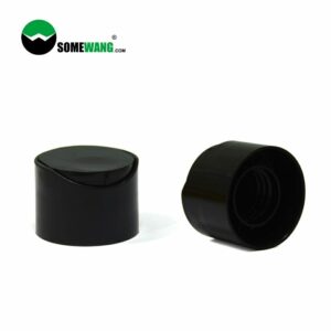 Duas tampas pretas de cosméticos da China, uma vertical e outra lateral, isoladas em um fundo branco com um logotipo no canto.