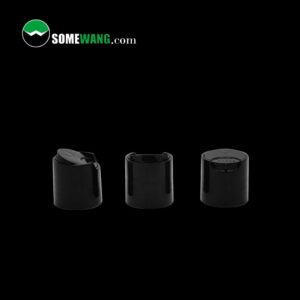 Três frascos de cosméticos de plástico preto com tampas superiores de disco 24-410 em um fundo escuro, rotulados como "somewang.com" na parte superior.