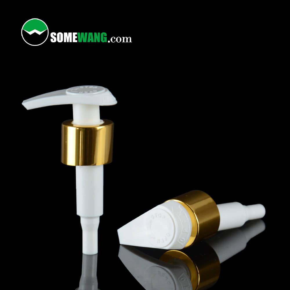 Two white and gold lotion pumps from "SomeWang.com," perfect for shampoo or liquid soap. Versatile 24 410 and 28 410 sizes.