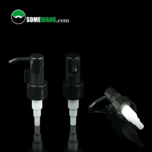 Three black 20/410 plastic soap dispenser pumps for bottles against a dark background, with the website "somewang.com" displayed at the top.