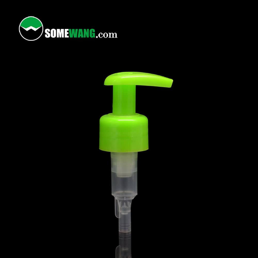 A bright green 24/410 cream lotion pump with a clear base, shown on a black background. "SomeWang.com" logo at the top left corner.