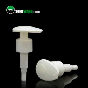 Two white plastic New Arrive 24-410 or 28-410 lotion pump dispensers against a black background, one standing vertically and the other lying horizontally.