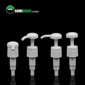 Four white 28/410 plastic pressing sprayers lotion pumps with long nozzle on a reflective surface, with the logo "somewang.com" at the top.