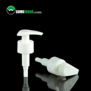 Two white New Arrive 28-410 plastic lotion pump dispensers on a reflective surface, one standing upright and the other lying horizontally, with "somewang.com" branding visible.