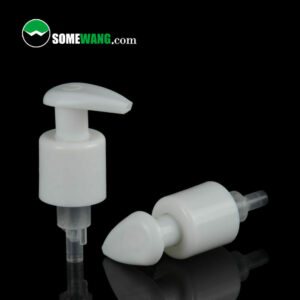 Two New Arrive 28-415 plastic lotion pumps on a reflective surface, one standing upright and one lying down, with "somewang.com" logo above.