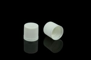 Two 28/415 Hot Sale Plastic Jerry Can Pilfer Proof Screw Cap Covers, one white upright and one white inverted, on a reflective black surface.