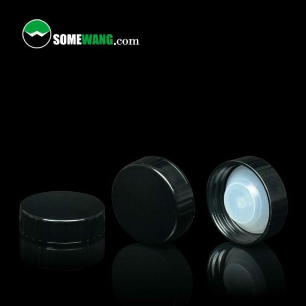 Three cosmetic jars in various sizes with 38/400 38MM Black Phenolic Caps, one opened, against a dark background, with "somewang.com" watermark.