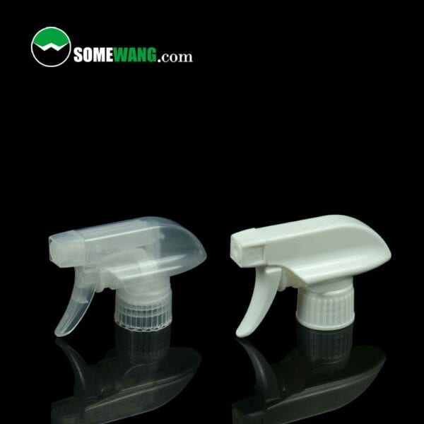 Two High Quality 28/410 28MM Water Cleaning All Plastic Hand Trigger Sprayers, one clear and one white, against a dark background with "somewang.com" displayed at the top.