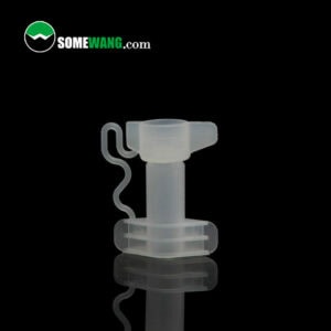 Close-up of a white plastic valve dispenser nozzle for cosmetic bag 6mm transparent color against a dark background with the website "somewang.com" at the top.