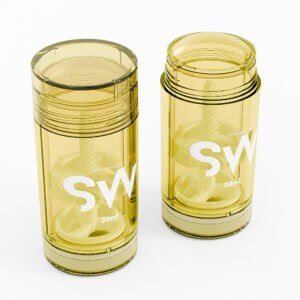 Dua botol kuning "SW 30ml" dengan bukaan dan penutup lebar, sesuai untuk menyimpan minyak wangi mini atau minyak pati.