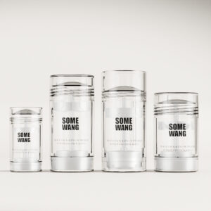 Four "SOME WANG" BPA-free skincare bottles are aligned on a plain background, perfect for wholesale elegance and safety.