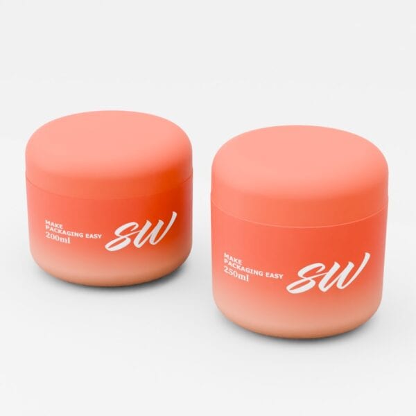 Two orange jars, 200ml & 250ml, labeled "SWC-JP200BD," "SWC-JP250BD." Perfect for organizing PP cream containers efficiently.