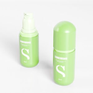 Two green "SOMEWANG" bottles sit on white: one with a round cap, the other is an ABS pump bottle in 30/50ml sizes.