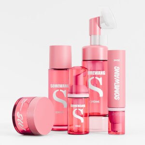 Pink Somewang skincare set, featuring sleek 30ml foam pump bottle & 50ml cream jar, elegantly displayed on a white background.