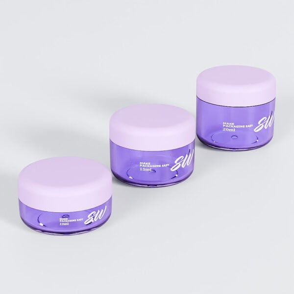 Três potes de cosméticos roxos (15 ml, 10 ml, 20 ml) ficam sobre um fundo cinza claro com um elegante pote transparente SWC-JPS10HS de 10 g.