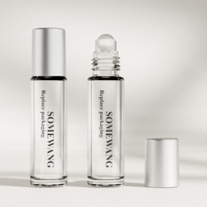 Two 10 ml Essential Oil Glass Bottles ("SOMEWANG") are displayed: one capped, one open, ideal for essential oil storage.