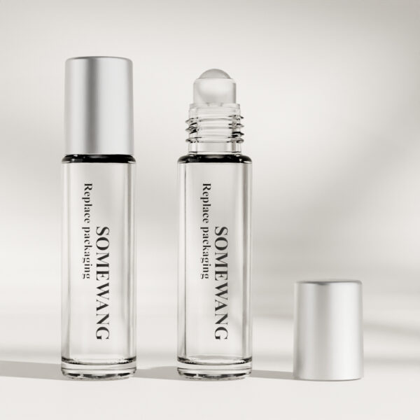 Two 10 ml Essential Oil Glass Bottles ("SOMEWANG") are displayed: one capped, one open, ideal for essential oil storage.