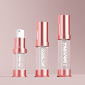 Three pink SOMEXANG bottles (5ml, 7ml, 10ml) with Red AS Airless Pump stand elegantly against a matching backdrop for precise application.