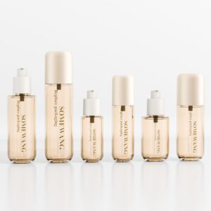Six CLEAR 30–120ml lotion bottles with beige caps, labeled "SOME WANG Repair face prestige," on a white surface.