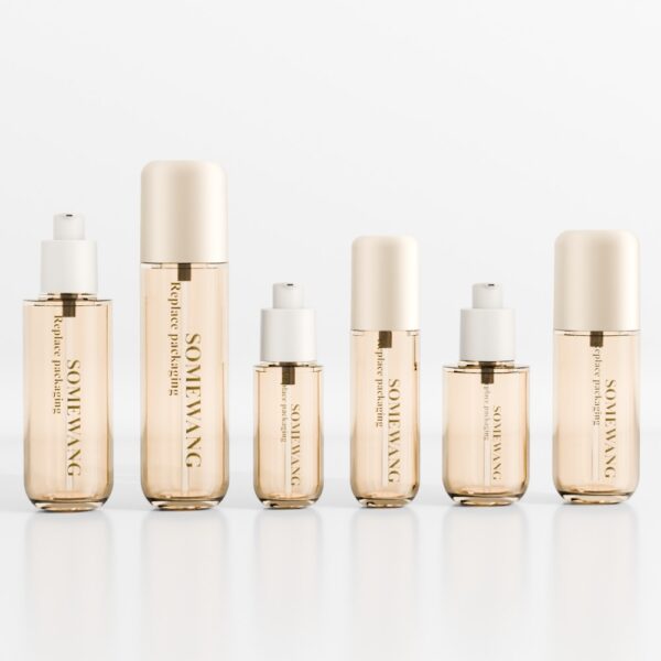 Sáu chai kem dưỡng da TRONG SUỐT dung tích 30–120ml có nắp màu be, dán nhãn "SOME WANG Repair face prestige" trên bề mặt màu trắng.